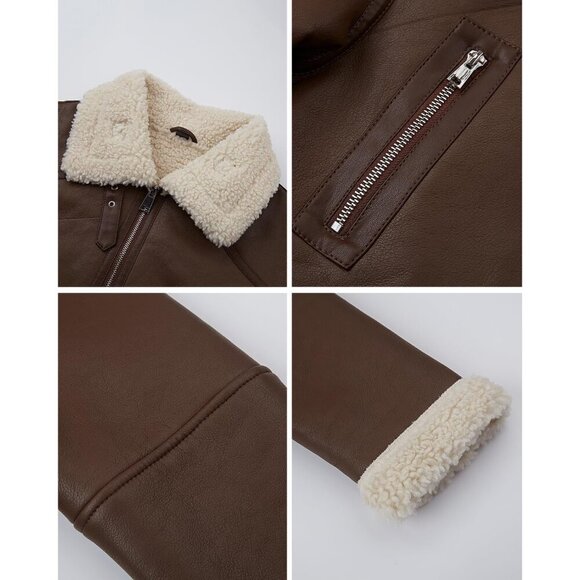 Women's Fur Leather Jacket Shearing Cropped Faux Fur Lined Moto Biker 155 Brown - Picture 4 of 5